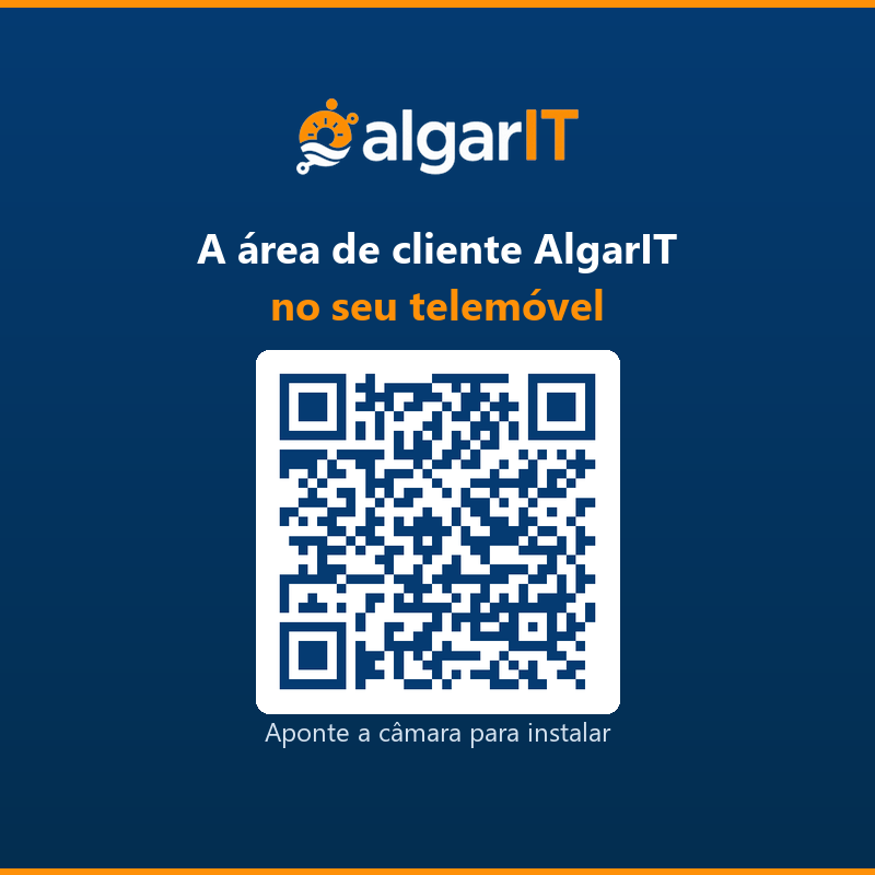 App AlgarIT — área de cliente no telemóvel. Instale com o código QR.